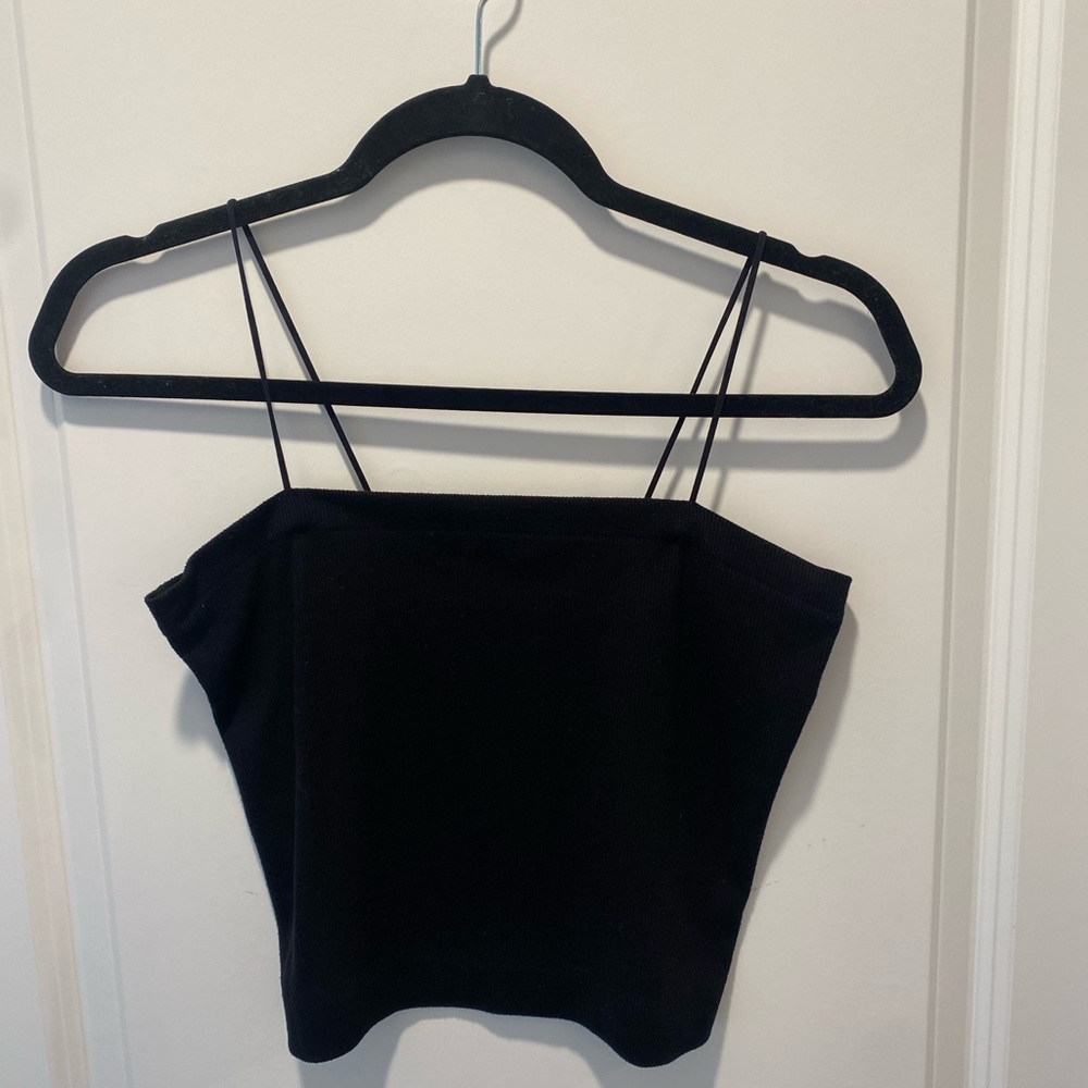 American Eagle Black Ribbed Double Strap Cropped Tank Top Size Large